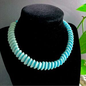 Vintage Aqua Blue Tub Shaped Milk Glass Bead West German Strand Necklace 16"